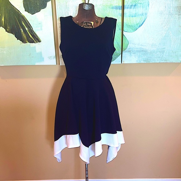 Chocolate USA Navy blue & white fit n flare dress with handkerchief hem sz M/L - Picture 2 of 9